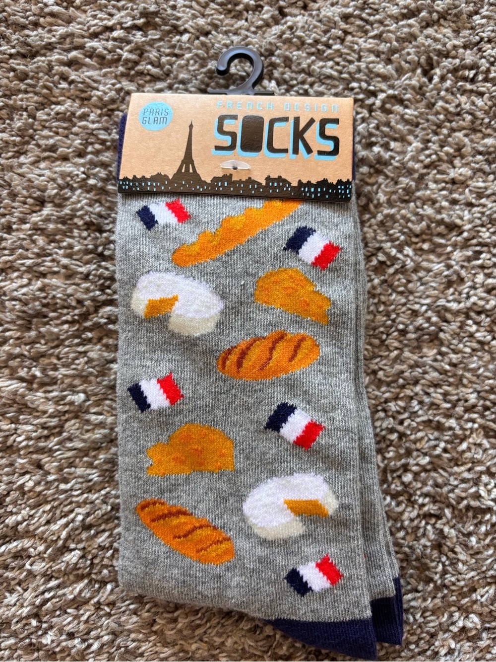 French Design Novelty Socks Baguette Cheese Flag